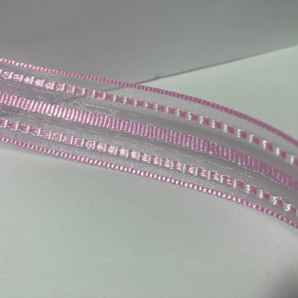 2 Rolls Spring Ribbon Pink Sheer Stripe - Picture 3 of 13